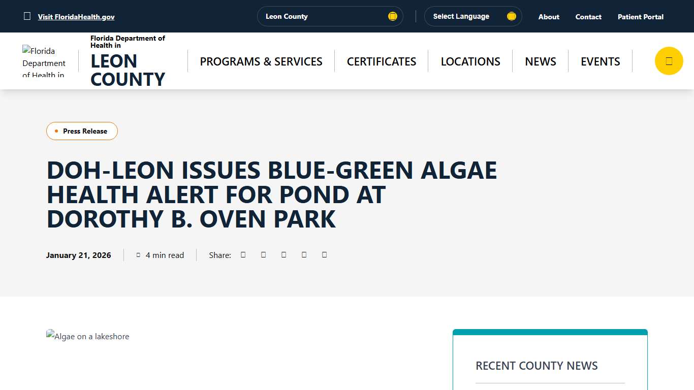 DOH-Leon Issues Blue-Green Algae Health Alert for Pond at Dorothy B. Oven Park - Florida Department of Health in Leon County